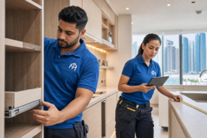 Custom kitchen cabinetry and shelving installation in Abu Dhabi