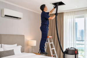Technician cleaning ceiling supply ducts to improve AC airflow — duct cleaning Abu Dhabi