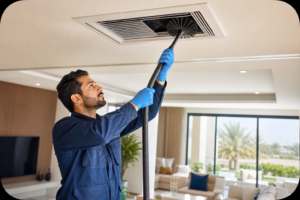 Technician cleaning indoor air vent for healthier indoor air — AC duct cleaning Abu Dhabi